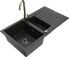 Mexen Matias granite sink 1.5-bowl with drainer and Telma kitchen tap, black/gold - 6502-75-670200-50-B