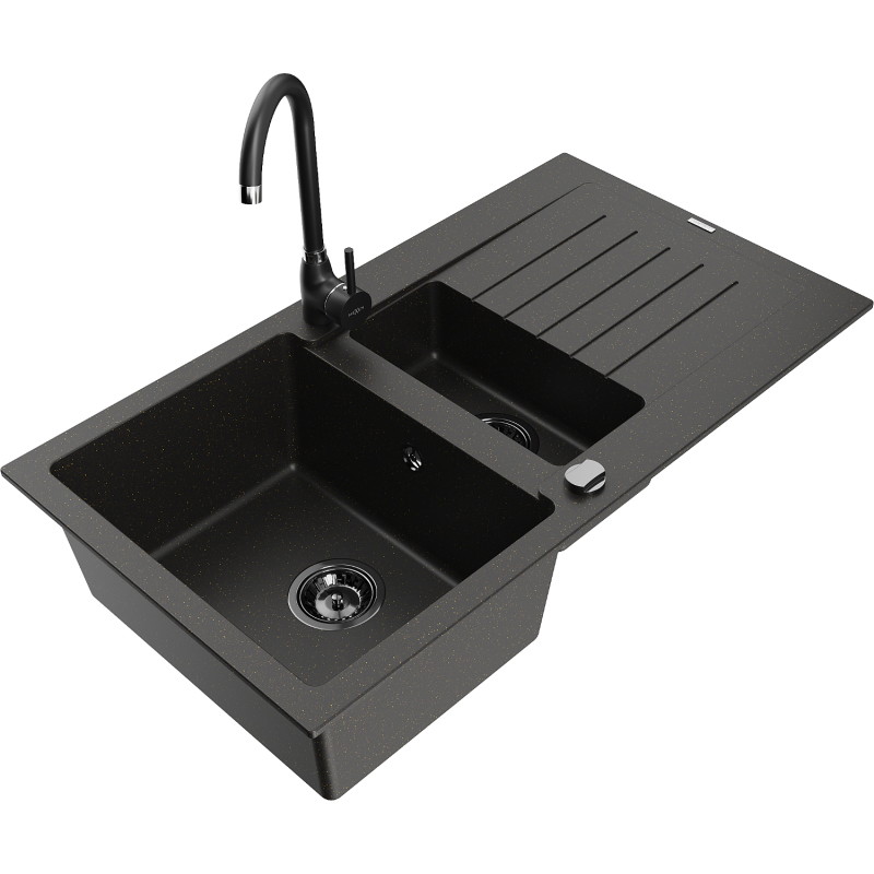 Mexen Matias 1.5-bowl granite sink with drainer and Telma kitchen faucet, black/gold - 6502-75-670200-70-B
