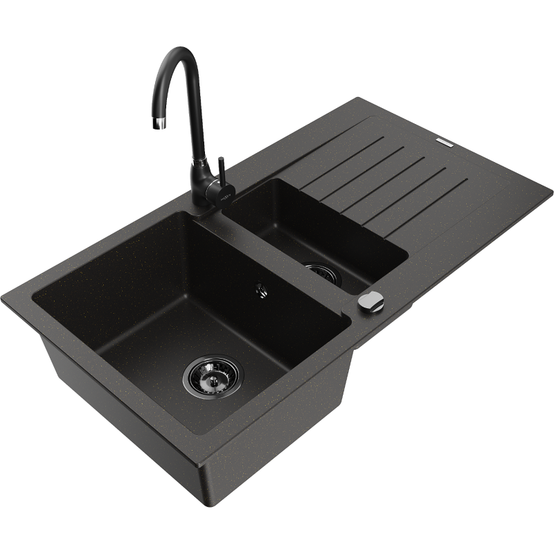 Mexen Matias 1.5-bowl granite sink with draining board and Telma kitchen tap, black/gold - 6502-75-670200-70-B