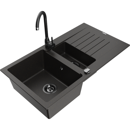 Mexen Matias 1.5-bowl granite sink with draining board and Telma kitchen tap, black/gold - 6502-75-670200-70-B