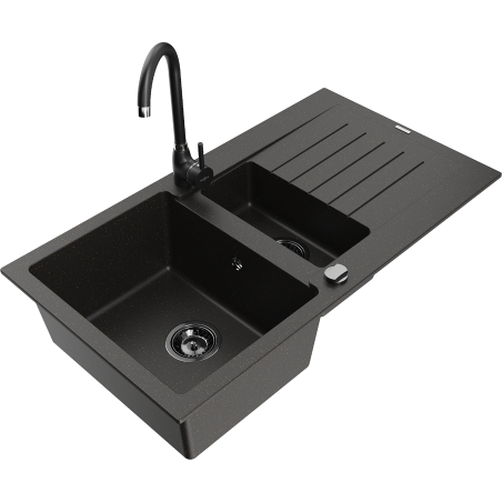 Mexen Matias granite sink 1.5-bowl with drainer and Telma kitchen faucet, black/gold - 6502-75-670200-70-B