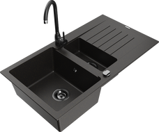 Mexen Matias 1.5-bowl granite sink with drainer and Telma kitchen faucet, black/gold - 6502-75-670200-70-B