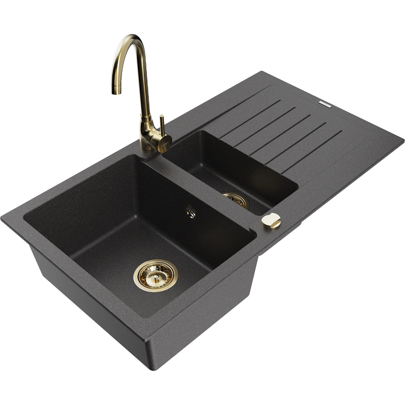 Mexen Matias 1.5-bowl granite sink with drainer and Telma kitchen tap, black speckled - 6502-76-670200-50