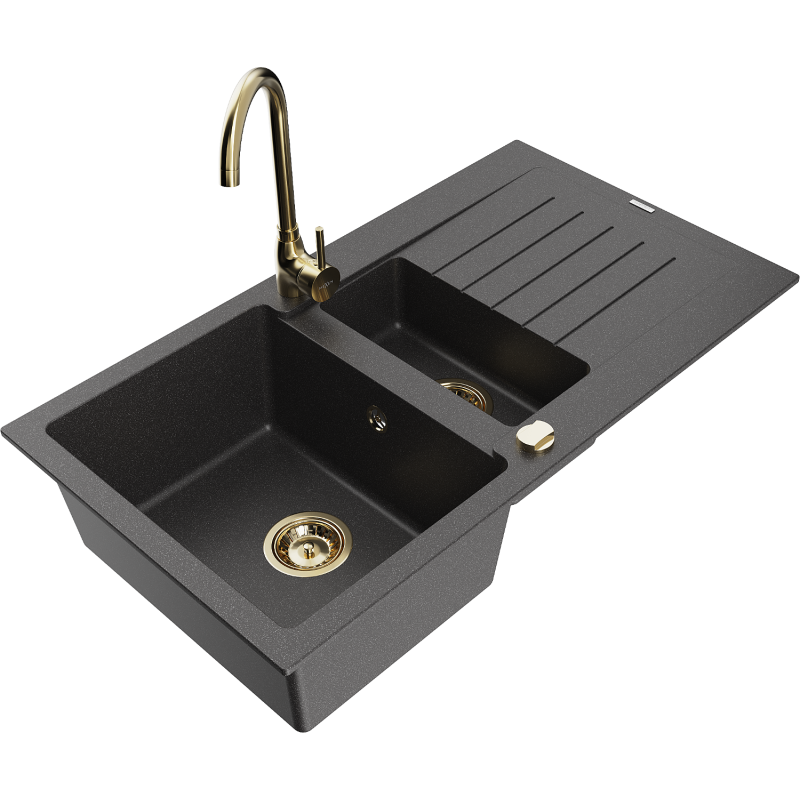 Mexen Matias 1.5-compartment granite sink with a drip tray and kitchen mixer tap Telma, spotted black - 6502-76-670200-50