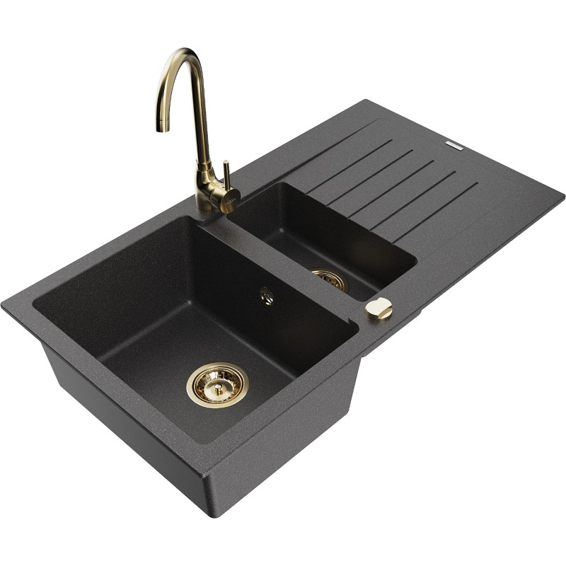 Mexen Matias granite kitchen sink 1.5-bowl with drainer and Telma kitchen faucet, black speckled - 6502-76-670200-50