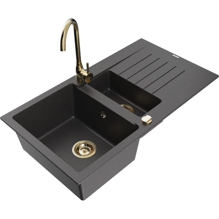 Mexen Matias 1.5-bowl granite sink with drainer and Telma kitchen tap, black speckled - 6502-76-670200-50