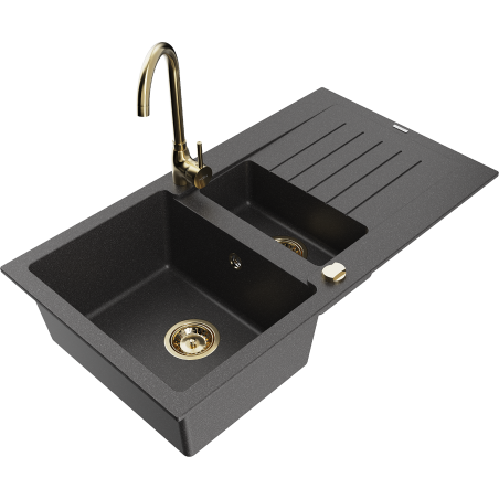Mexen Matias 1.5-compartment granite sink with a drip tray and kitchen mixer tap Telma, spotted black - 6502-76-670200-50