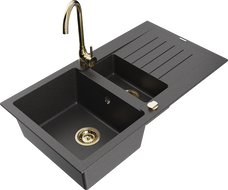 Mexen Matias granite sink 1.5-bowl with drainer and Telma kitchen faucet, speckled black - 6502-76-670200-50