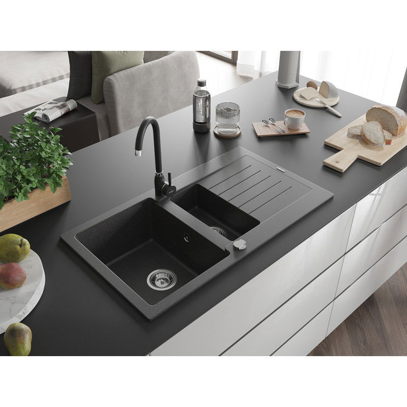 Mexen Matias granite sink 1.5-bowl with drainer and Telma kitchen tap, black speckled - 6502-76-670200-70