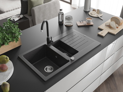 Mexen Matias granite sink 1.5-bowl with drainer and Telma kitchen tap, black speckled - 6502-76-670200-70