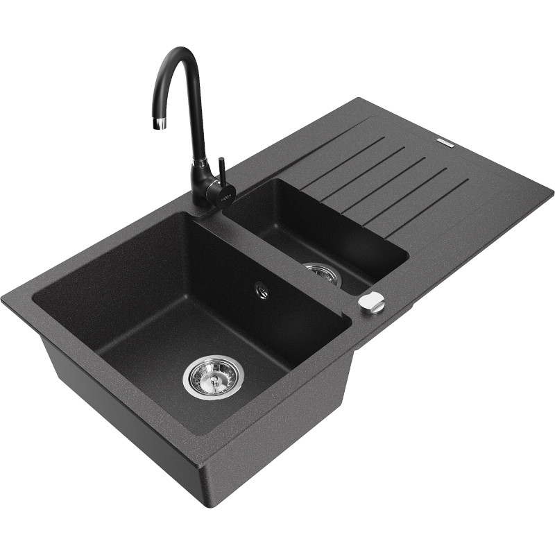Mexen Matias granite sink 1.5-bowl with drainer and Telma kitchen faucet, black speckled - 6502-76-670200-70
