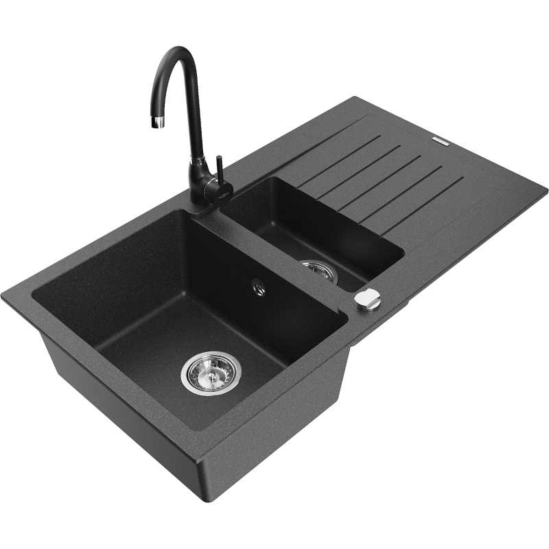 Mexen Matias granite sink 1.5-bowl with drainer and Telma kitchen tap, black speckled - 6502-76-670200-70