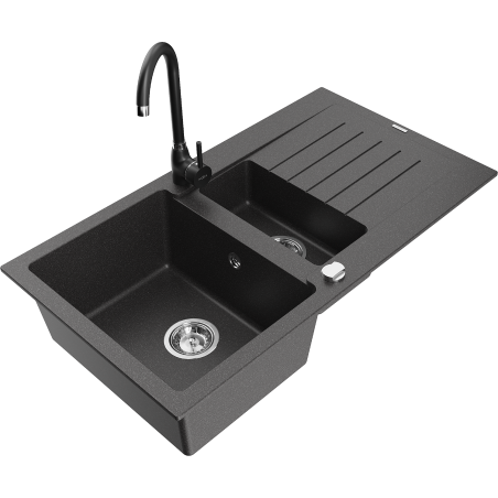 Mexen Matias granite sink 1.5-bowl with drainer and Telma kitchen faucet, black speckled - 6502-76-670200-70