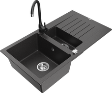 Mexen Matias granite sink 1.5-bowl with drainer and Telma kitchen tap, black speckled - 6502-76-670200-70