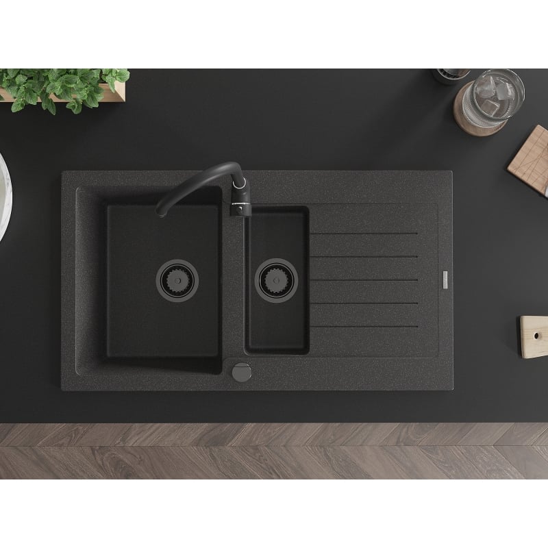 Mexen Matias granite sink 1.5-bowl with drainer and Telma kitchen faucet, black spotted - 6502-76-670200-70-B