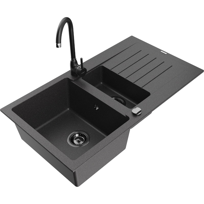 Mexen Matias granite sink 1.5-bowl with drainer and Telma kitchen faucet, black spotted - 6502-76-670200-70-B