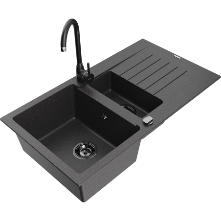 Mexen Matias 1.5-compartment granite sink with a drip tray and kitchen mixer tap Telma, spotted black - 6502-76-670200-70-B