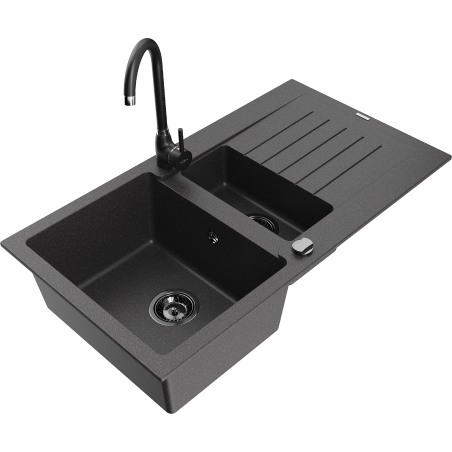 Mexen Matias granite kitchen sink 1.5-bowl with drainer and Telma kitchen tap, black speckled - 6502-76-670200-70-B
