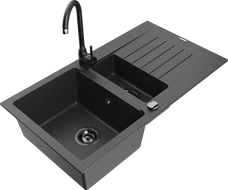 Mexen Matias granite kitchen sink 1.5-bowl with drainer and Telma kitchen tap, black speckled - 6502-76-670200-70-B