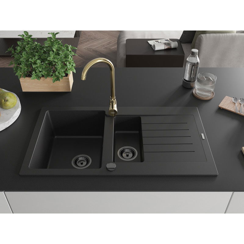 Mexen Matias granite kitchen sink 1.5-basin with drainer and Telma kitchen tap, black - 6502-77-670200-50-B
