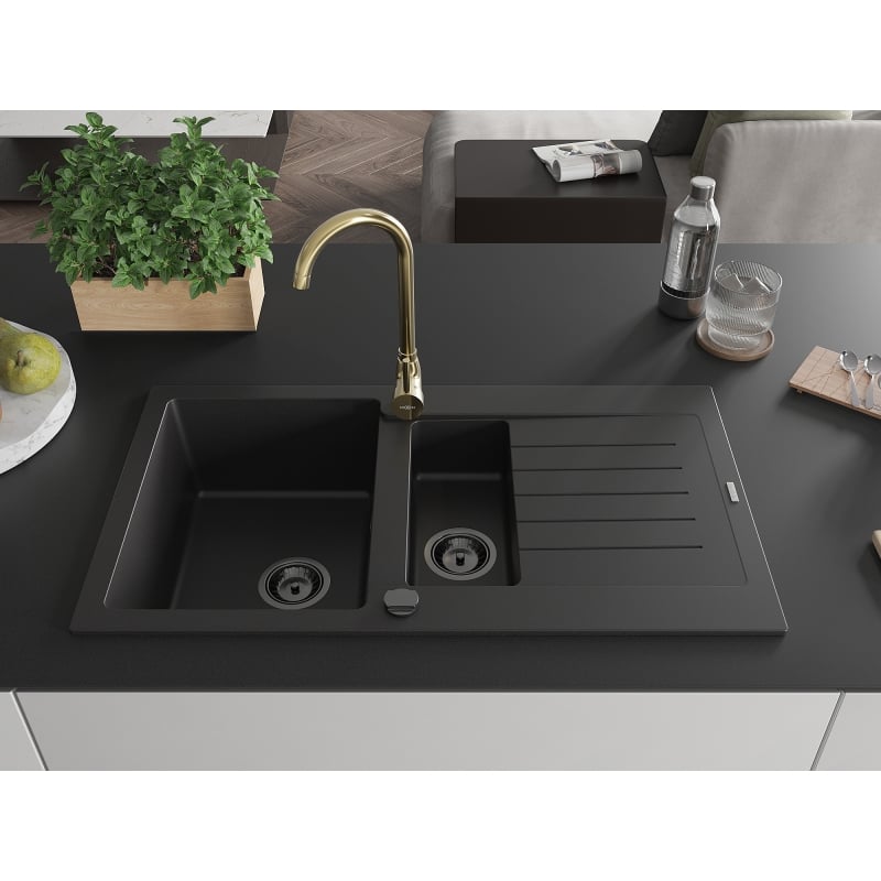 Mexen Matias granite sink 1.5-bowl with drainer and Telma kitchen faucet, black - 6502-77-670200-50-B