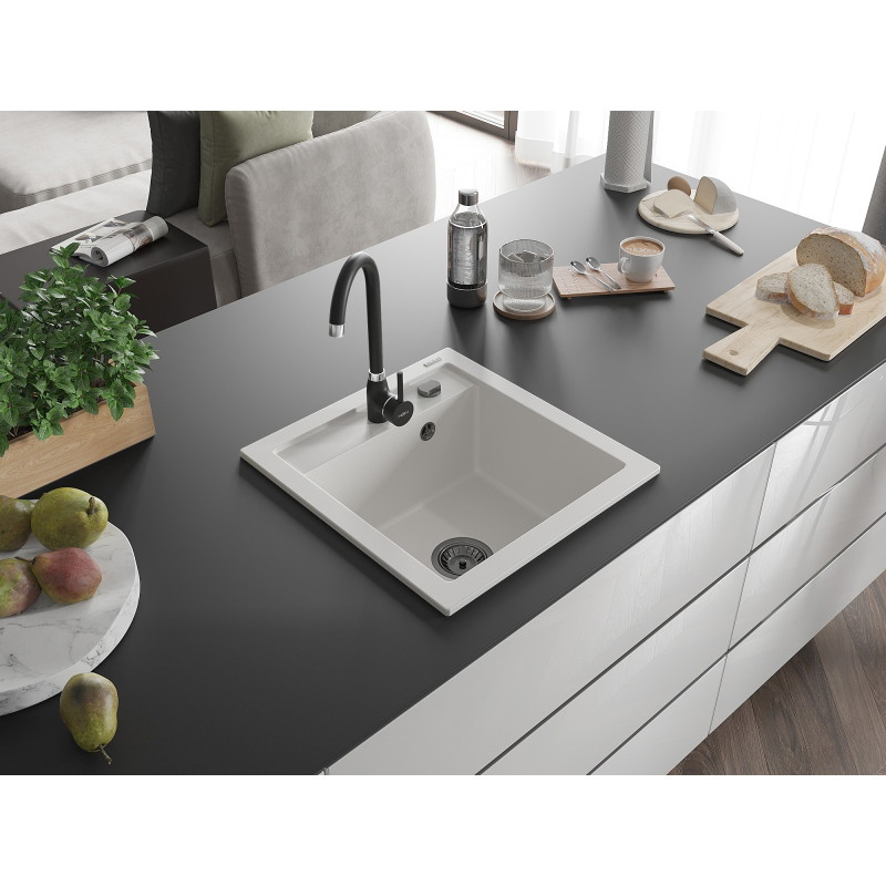 Mexen Vito granite single-bowl kitchen sink with Telma faucet, white - 6503-20-670200-70