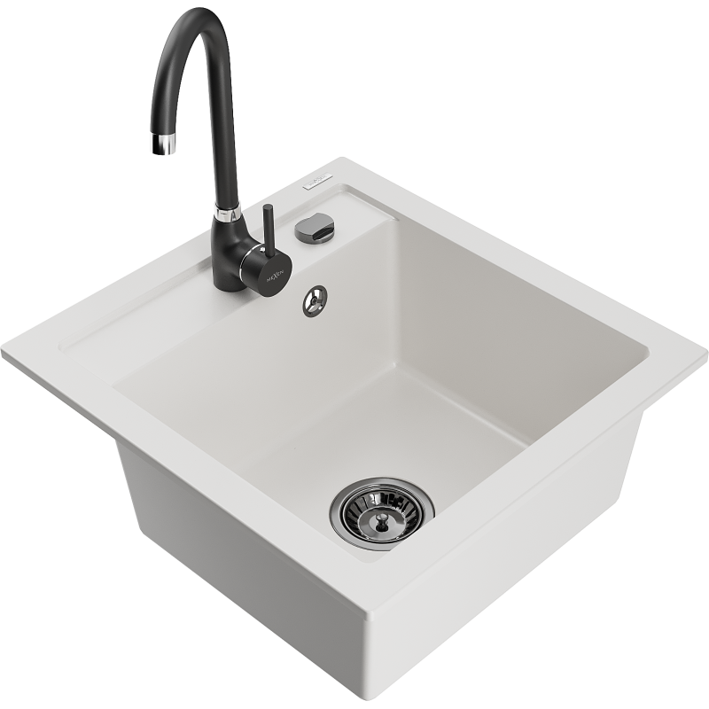 Mexen Vito 1-bowl granite kitchen sink with Telma tap, white - 6503-20-670200-70