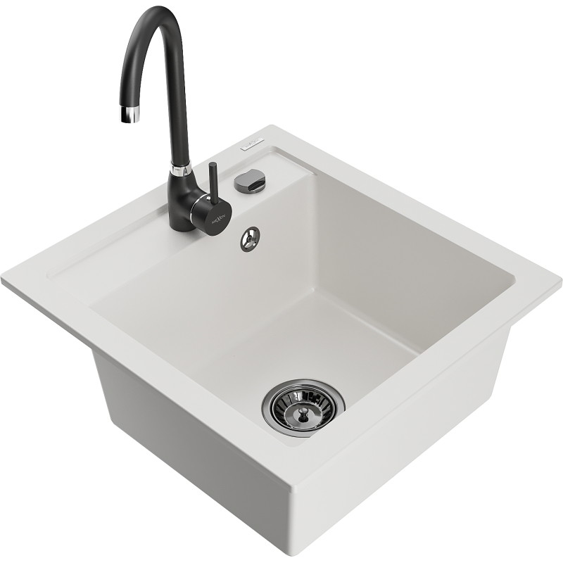 Mexen Vito granite single-bowl kitchen sink with Telma faucet, white - 6503-20-670200-70