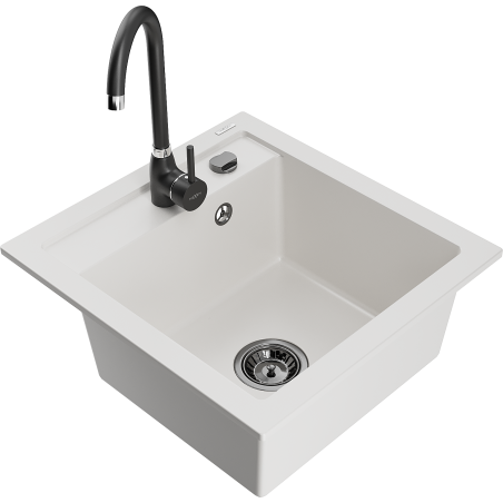 Mexen Vito 1-bowl granite sink with Telma kitchen faucet, white - 6503-20-670200-70