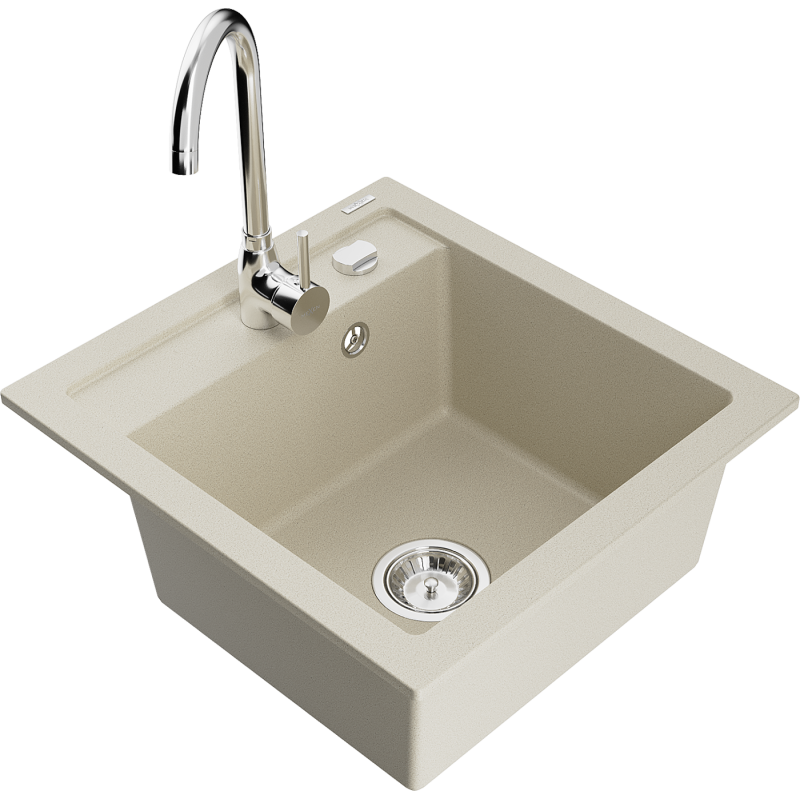 Mexen Vito 1-compartment granite sink with a kitchen mixer tap Telma, Beige - 6503-69-670200-00