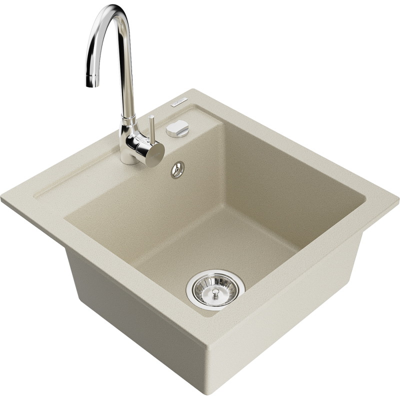 Mexen Vito granite kitchen sink 1-bowl with Telma kitchen faucet, beige - 6503-69-670200-00