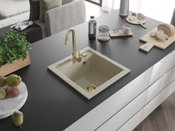 Mexen Vito 1-bowl granite kitchen sink with Telma faucet, beige - 6503-69-670200-50