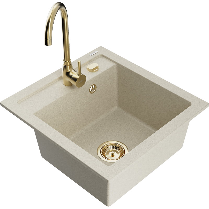 Mexen Vito 1-bowl granite kitchen sink with Telma faucet, beige - 6503-69-670200-50
