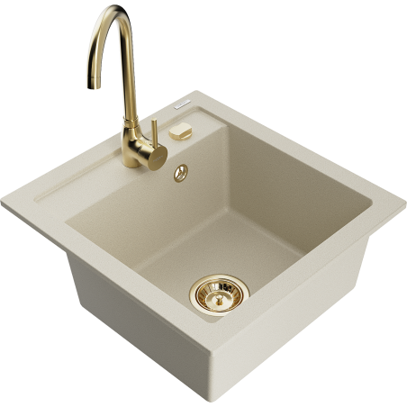 Mexen Vito 1-bowl granite kitchen sink with Telma faucet, beige - 6503-69-670200-50