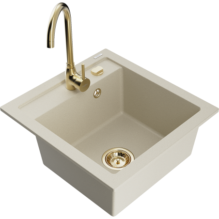 Mexen Vito granite kitchen sink 1-bowl with Telma kitchen faucet, beige - 6503-69-670200-50