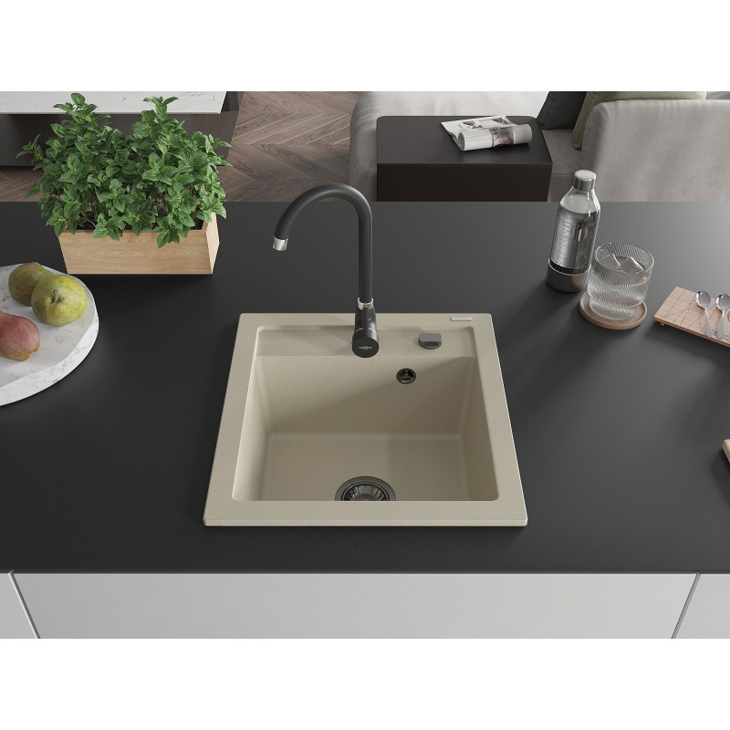 Mexen Vito single-bowl granite sink with Telma kitchen faucet, beige - 6503-69-670200-70