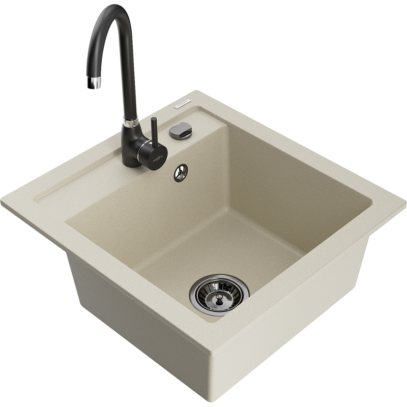 Mexen Vito granite sink 1-bowl with Telma kitchen tap, beige - 6503-69-670200-70