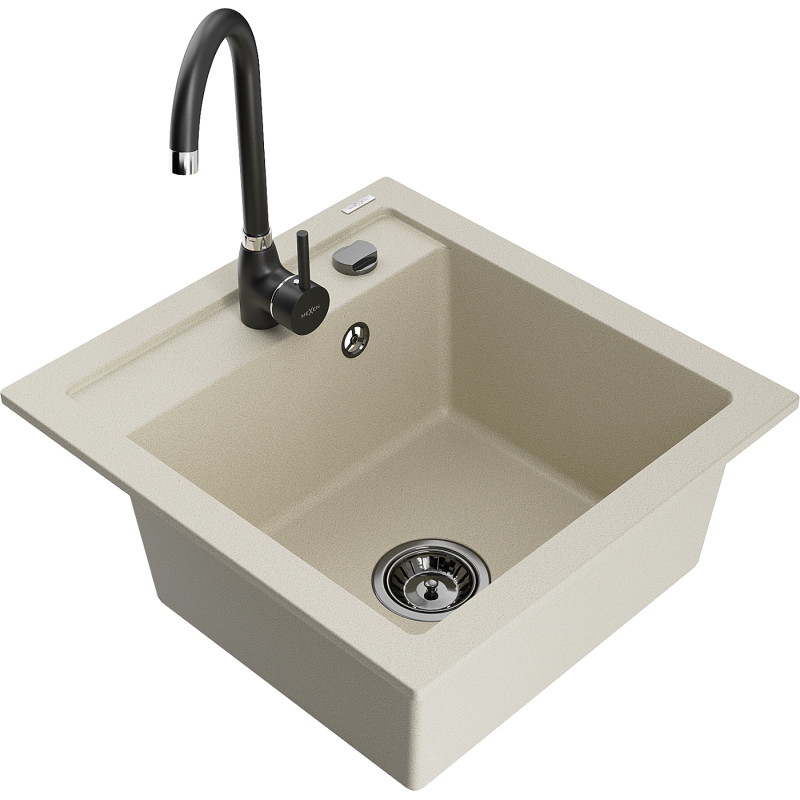 Mexen Vito single-bowl granite sink with Telma kitchen faucet, beige - 6503-69-670200-70
