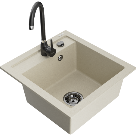 Mexen Vito granite kitchen sink, 1-bowl with Telma kitchen faucet, beige - 6503-69-670200-70