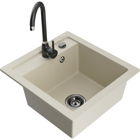 Mexen Vito granite sink 1-bowl with Telma kitchen tap, beige - 6503-69-670200-70