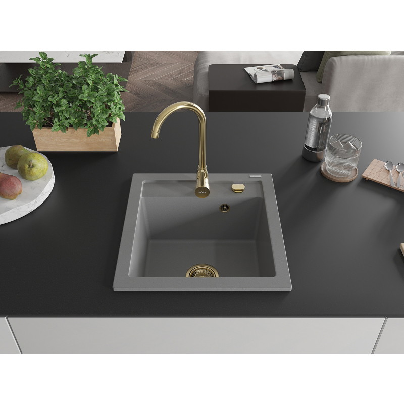 Mexen Vito single bowl granite sink with Telma kitchen faucet, gray - 6503-71-670200-50