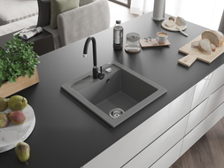 Mexen Vito single-bowl granite sink with Telma kitchen faucet, gray - 6503-71-670200-70