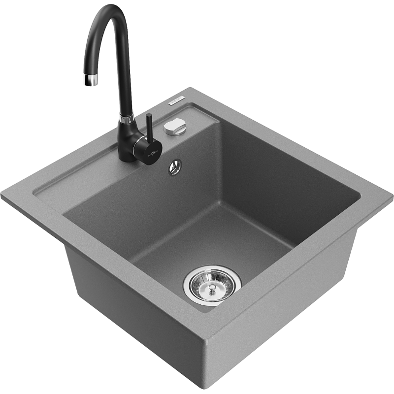 Mexen Vito 1-bowl granite sink with Telma kitchen tap, grey - 6503-71-670200-70