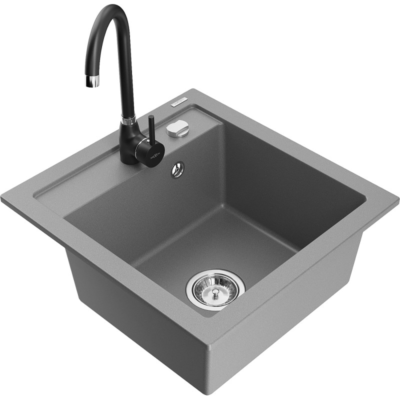 Mexen Vito granite kitchen sink 1-bowl with Telma kitchen faucet, gray - 6503-71-670200-70