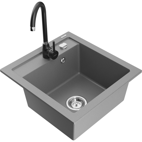 Mexen Vito granite kitchen sink 1-bowl with Telma kitchen faucet, gray - 6503-71-670200-70