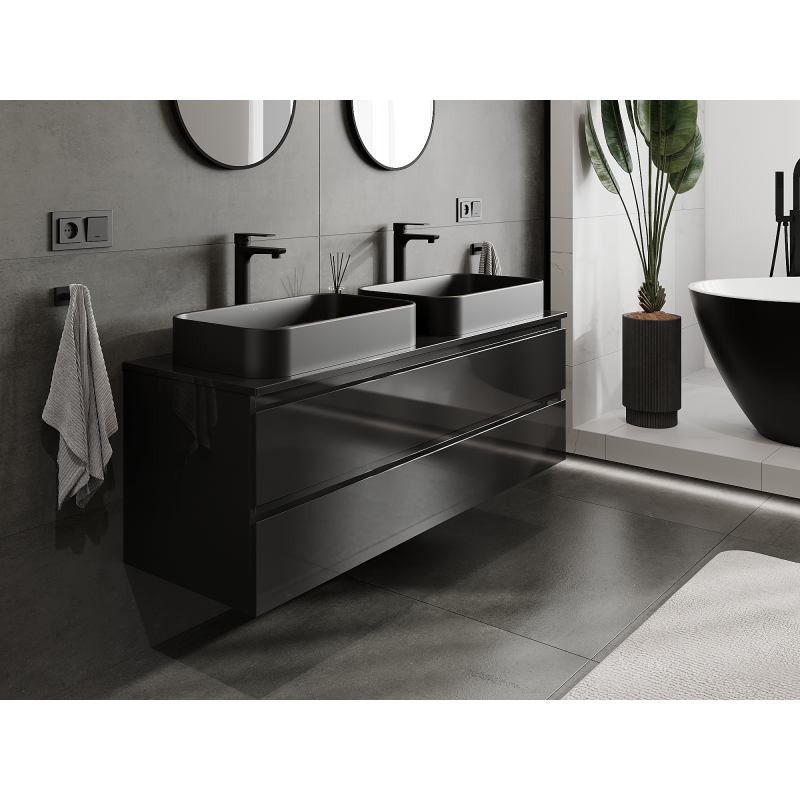 Mexen Orio 140 cm bathroom cabinet, 2 drawers, black gloss - 91A10-14047-2-BFF70