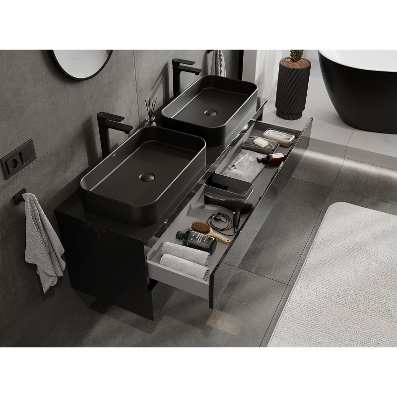 Mexen Orio 140 cm bathroom cabinet, 2 drawers, black gloss - 91A10-14047-2-BFF70