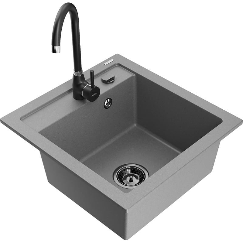 Mexen Vito granite kitchen sink 1-bowl with Telma kitchen faucet, gray - 6503-71-670200-70-B
