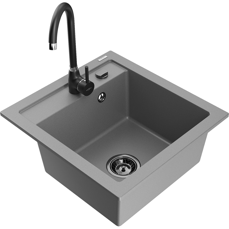 Mexen Vito granite sink 1-bowl with Telma kitchen tap, grey - 6503-71-670200-70-B