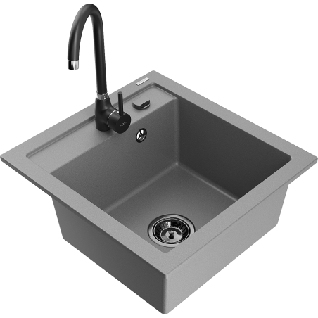 Mexen Vito granite kitchen sink 1-bowl with Telma kitchen faucet, gray - 6503-71-670200-70-B